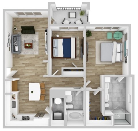 Floor plan for 2 beds, 2 baths, 1115 sqft